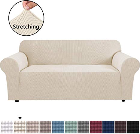 H.VERSAILTEX High Stretch Sofa Slipcover Sofa Cover Couch Shield Machine Washable Stylish Furniture Cover/Protector Spandex Jacquard Fabric Couch Cover for 3 Cushion Sofas 72 to 92 Inches, Natural