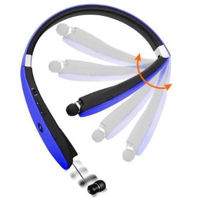 Newest Design Wireless Bluetooth 41 Headset Retractable and Foldable Neckband Style Headphones Blue