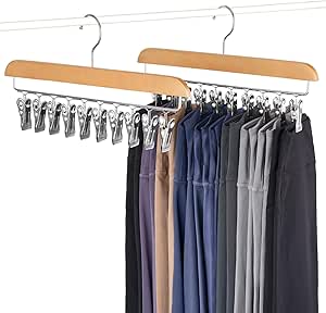 Mkono Legging Organizer for Closet, Set of 2 Yoga Pants Hangers with 20 Rubber Coated Clips 360° Swivel Hook Space Saving Natural Wooden Hanging Closet Organizers and Storage