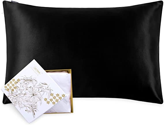 LilySilk Silk Pillowcase for Hair and Skin-100% Mulberry Silk 19 Momme Both Sides Silk Bed Pillow Cover with Hidden Zipper, 1 Pc (King Size, 20''x36'', Black)