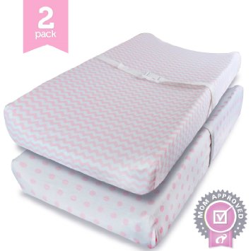 Changing Pad Cover Set PINK GIRLS - 2 Pack - Soft Jersey Cotton Changing Pad Fitted Sheet Set Pink Chevron and Polka Dot by Ziggy Baby - Best Baby Shower Gift Sets for Girls