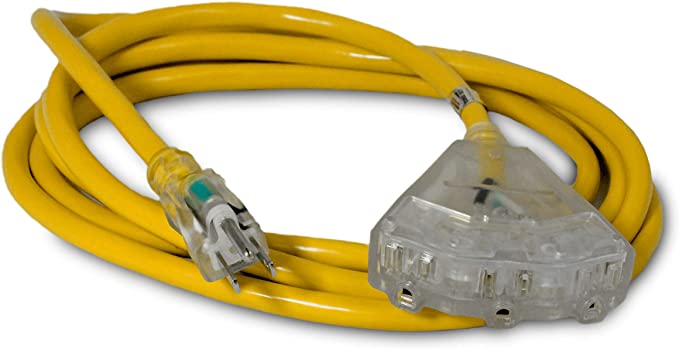 10-ft 12/3 Heavy Duty 3-Outlet Lighted SJTW Indoor/Outdoor Extension Cord by Watt's Wire - Short Yellow 10' 12-Gauge Grounded 15-Amp Three-Prong Power-Cord (10 foot 12-Awg)