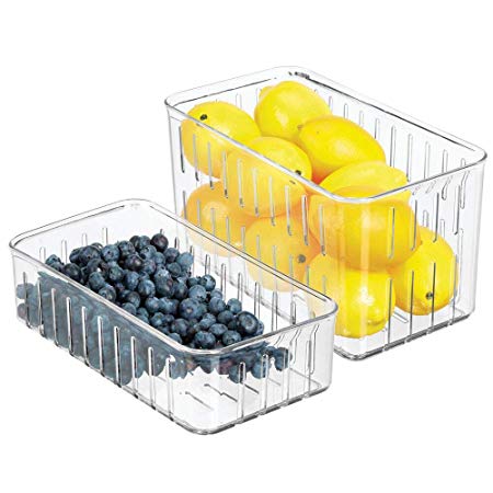 mDesign Plastic Kitchen Refrigerator Produce Storage Organizer Bin with Open Vents for Air Circulation - Food Container for Fruit, Vegetables, Lettuce, Cheese, Fresh Herbs, Snacks - Set of 2 - Clear