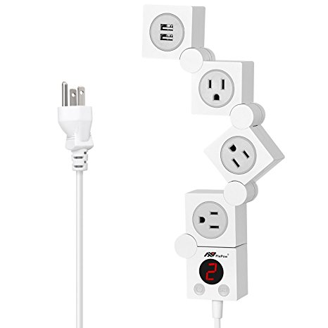 Flepow 3-Outlets Patent-Designed Timer Power Strip, Rotatable Power Socket With Dual USB Charge Ports(5V/2.1A) 1200W/10A ETL Certified 5ft Cord White, Perfect for Computers, Smartphones and Tablets