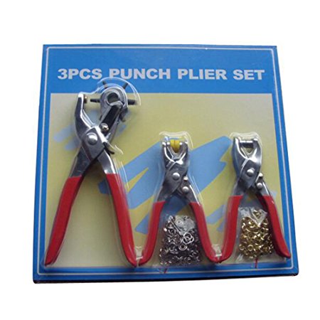 XHSP 3pcs Punch Pliers Set Shoe Brass Eyelets Setting Plier Leather Belt Hollow Hole Punches Red (with 200pcs Eyelets) Red