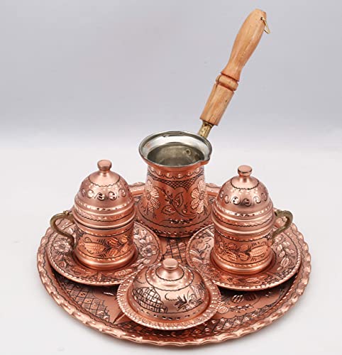 Traditional Design Handmade Engraved Copper Turkish Armenian Arabic Greek Coffee Set, Espresso Set, Coffee Cup, Coffee Pot, Tea Set for Two-(CS2-114)