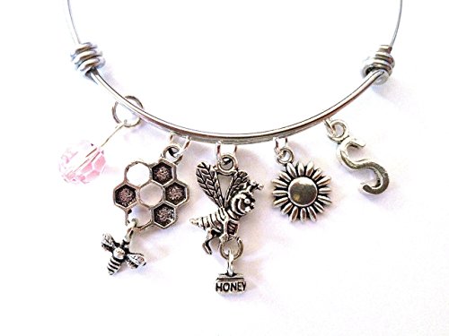 Honeybee / Bee themed personalized bangle bracelet. Antique silver charms and a genuine Swarovski birthstone colored element.