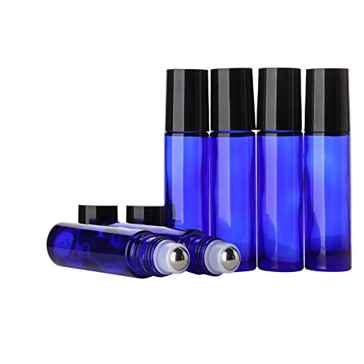 Cobalt Blue Glass Roll on Bottles 10ml [1/3oz] - Sinide 6 Pack Essential Oil Roller Bottle with Stainless Steel Balls Useful for Aromatherapy Perfumes and Lip Balms (Blue)