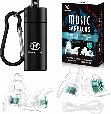 2 Pairs High Fidelity Concert Ear Plugs, Hearprotek Noise Reduction Music Earplugs, Hearing Protection for Musicians, Festival, DJ’s, Nightclub, Concerts, Drummers, Party 23dB Green