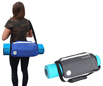 Vivafit Yoga Mat Bag - crossbody carrier for all sized yoga mats. Multi-purpose, waterproof sports sling with two zipper pockets that holds all essentials for a sporty and active lifestyle.