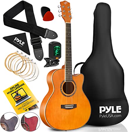 Pyle 6 String Acoustic Guitar Beginner Starter Kit Guitarra Acustica Bundle Pack with Cutaway Body Set for Students Practice, Kids, Adults, Right, Orange (PGA550CAOR)