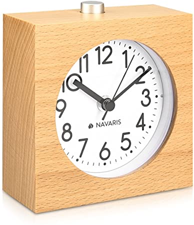 Navaris Analogue Wood Alarm Clock - Retro Table Clock with Square Design Snooze Function and Clock Face Alarm Light - Natural Wood in Light Brown