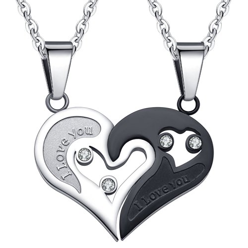 SHINYSO 2PCS Mens Womens CZ Heart-shape "I Love You" Stainless Steel Couple Pendant Necklace