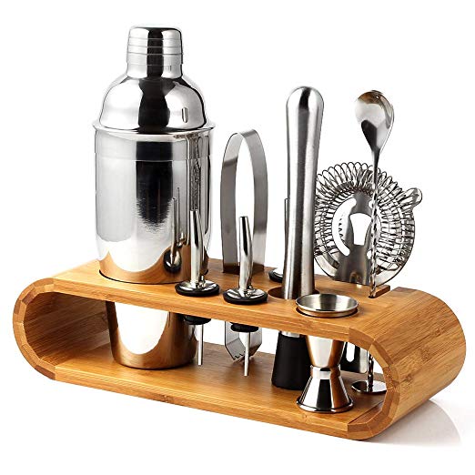 10-Piece Cocktail Shaker Set with Stylish Bamboo Stand - Perfect Home Bartender Kit and Bar Tool Set (Bareware set)