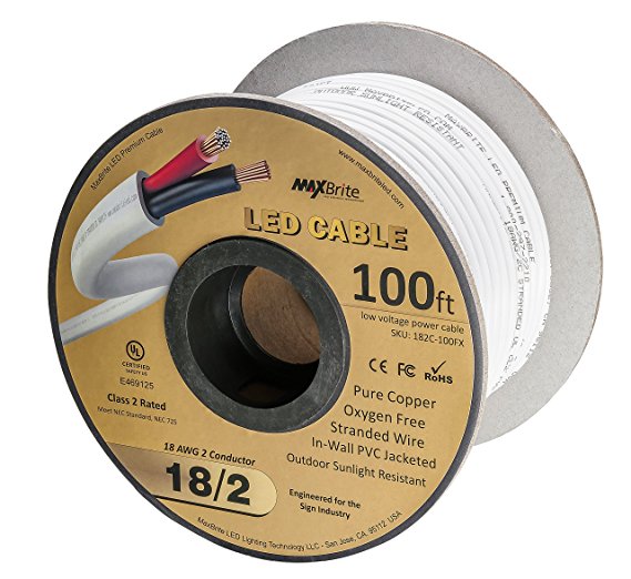 18AWG Low Voltage LED Cable, 2 Conductor, Outdoor Rated, Jacketed In-Wall Speaker Wire UL/cUL Class 2, Sunlight Resistant (100ft Reel)