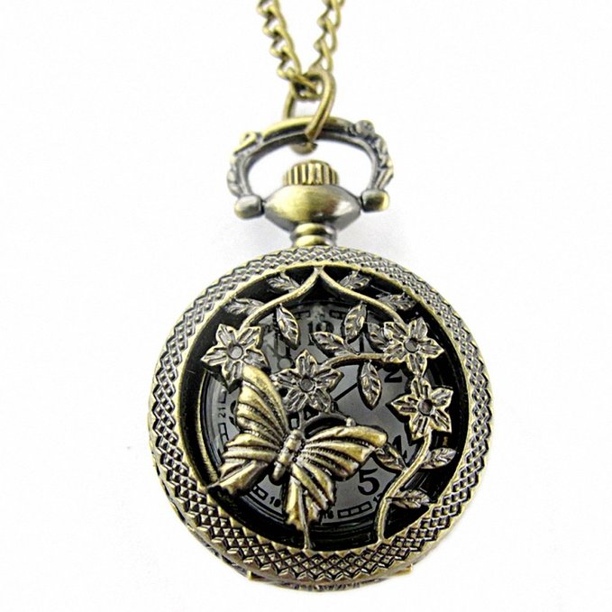 Youyoupifa Retro Design Bronze Butterfly and Flower Openwork Cover Pocket Quartz Watch NBW0PA7101-CO3
