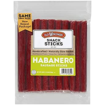 Old Wisconsin Habanero Sausage Snack Sticks, Naturally Smoked, Ready to Eat, High Protein, Low Carb, Keto, Gluten Free, 28 oz Resealable Package