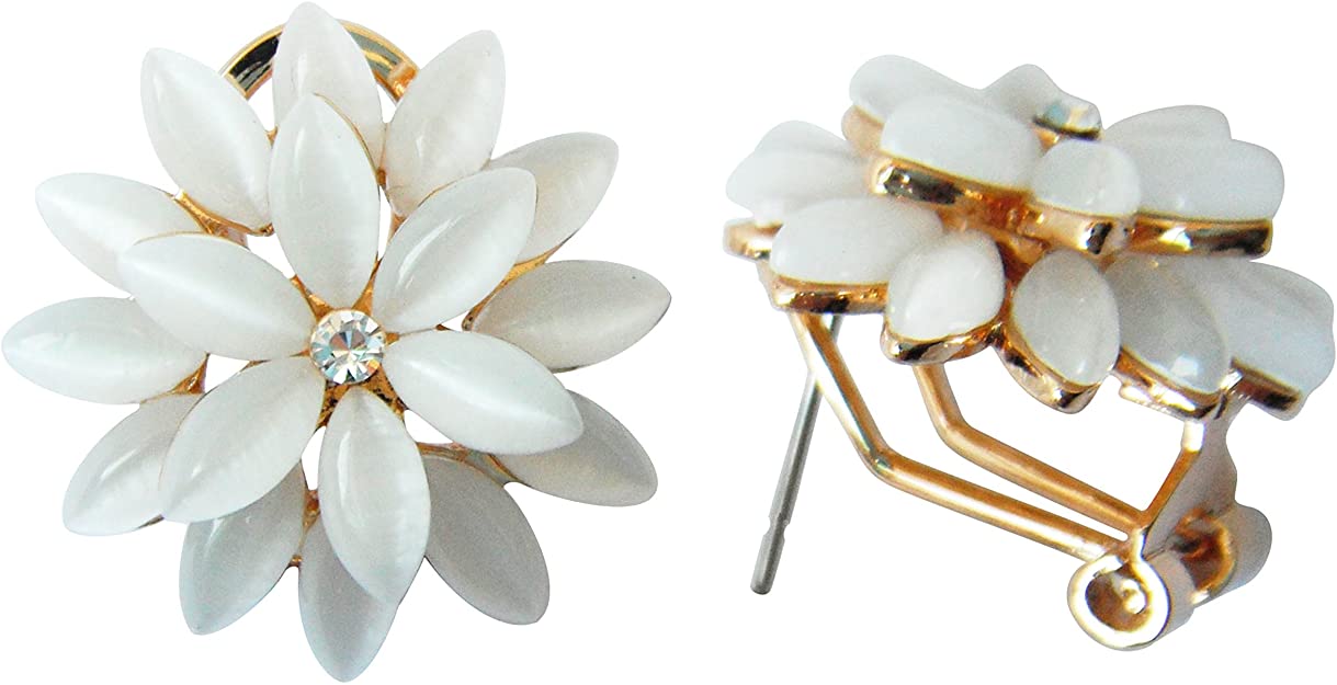 Navachi 18k Gold Plated Flower Horse-Eye Created-Opal Omega Back Earrings