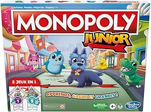 Hasbro Gaming Jeu de société Monopoly Junior, plateau de jeu recto-verso, 2 jeux en 1, jeu Monopoly pour jeunes enfants ; jeux pour enfants, jeux juniors (version française)