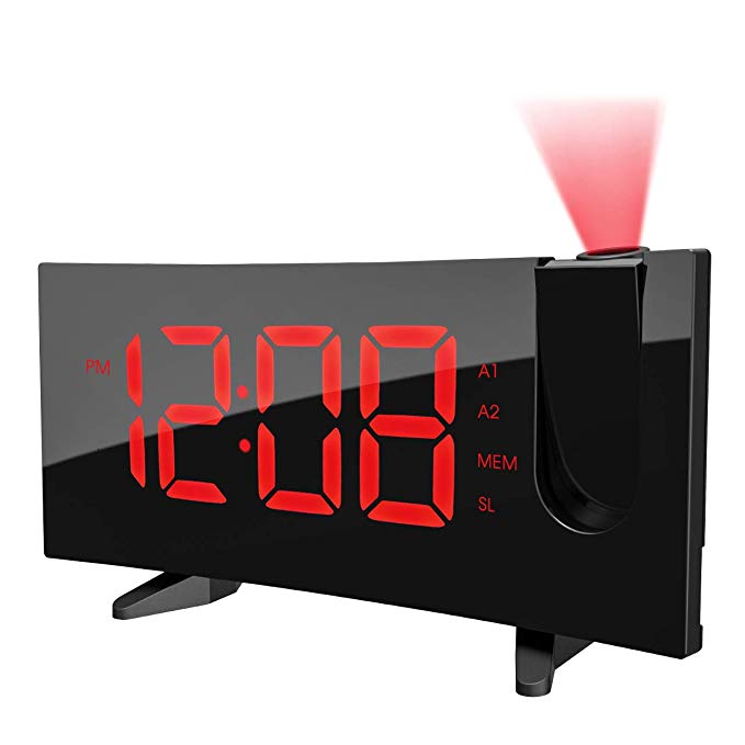 PICTEK Digital Projection Clock, FM Radio Digital Alarm Projection Clock with Dual Alarms, Snooze Function, 5" LED Display with Dimmer, 12/24 Hours, USB Charging, Battery Backup, [Curved-Screen] Red