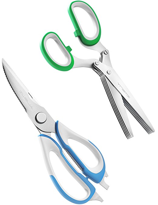 Vremi Kitchen Shears and Herb Scissors Set - Heavy Duty Easy Function Come Apart Multipurpose Culinary Scissors in Stainless Steel with Blade Covers for Meat Poultry Fish Herbs Nuts - Blue and Green