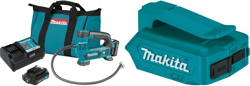 Makita MP100DWRX1 12V max CXT Lithium-Ion Cordless Inflator Kit (2.0Ah) with ADP06 12V max CXT Lithium-Ion Cordless Power Source