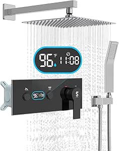 LED Digital Display Shower System - SR SUNRISE 12 Inch High Pressure Shower Head and Handheld, Thermostatic Valve, Luxury Rainfall Shower Faucet Perfect for Bathroom Remodel, Polished Chrome