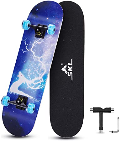 SKL Skateboard 31" x 8" Complete Skateboard with Colorful LED Light Up Wheels for Kids Boys Girls Youths Beginners Adults Teens, 9 Layers Canadian Maple Wood Deck Standard Skate Boards