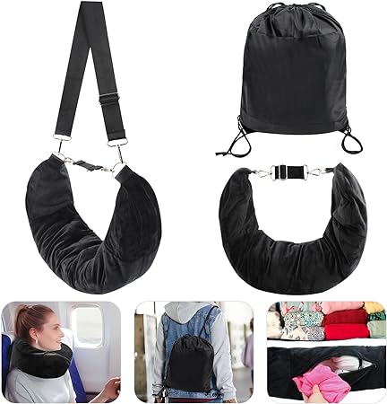 VinBee Travel Pillow Stuffable with Clothes, Storage Bag Stuffable Neck Pillow Transformable and Expandable Luggage Carry No Filler Black Velvet