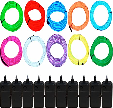JYtrend 10-Pack 15ft Neon Light El Wire with Battery Pack ( Blue, Green, Red, White, Orange, Purple, Pink, Yellow, Lime Green, Aqua Blue)