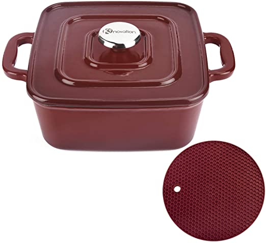 Kinovation Dutch Oven, 3 Quart Enamel Coated Cast Iron Square Cookware Pot with Lid & Silicone Mat, For Induction, Gas, Ceramic Glass, Electric Stovetop