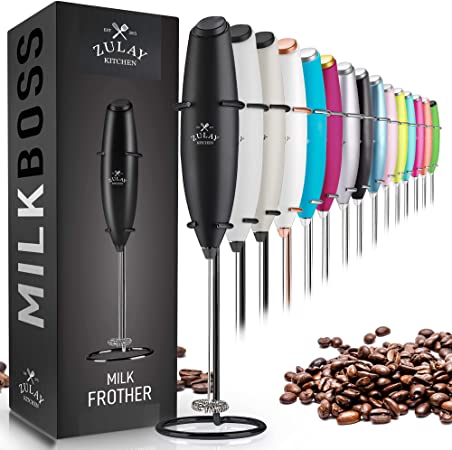 Zulay Original Milk Frother Handheld Foam Maker for Lattes - Whisk Drink Mixer for Coffee, Mini Foamer for Cappuccino, Frappe, Matcha, Hot Chocolate by Milk Boss - (Exec Black with Black Stand)