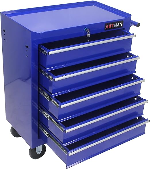 5-Drawer Mechanics Rolling Tool Storage Cabinet Rolling Tool Cart Cabinet Organizer High Capacity Tool Chest Cart with Wheels Keyed Locking System for Repair Projects Garage Workshop Home Blue