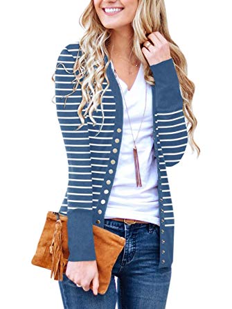 PAPOSON Women's Long Sleeve Cardigan Soft Cotton V-Neck Button Down Front Sweaters Knitwear