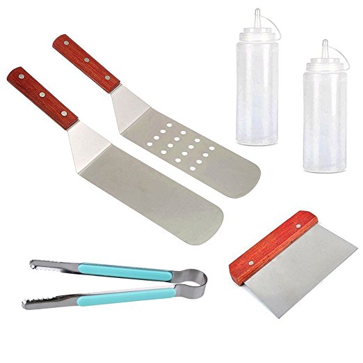 Generic 6-Piece Professional Grade Stainless Steel BBQ Grill and Griddle Cleaning Tools Kit Great for Blackstone and Other Flat Top Grills (2 Spatulas, 1 Chopper Scrapper, 1 Tong, 2 Condiment Bottles)