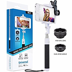 Monopod selfie stick, BEZ� Universal Selfie Kit, Mini Foldable Wired Built-in Remote Shutter Selfie Stick Monopod + 3 in 1 Fisheye, Wide Angle, Macro Phone Lens Kit for Smart Mobile Phones [iOS and Android] such as iPhone 6 plus/6/5s/5SE/4, Samsung Galaxy S6/S5/S4/S3/Note 4/3, Sony Xperia, Microsoft Phones, HTC, LG, GPS etc