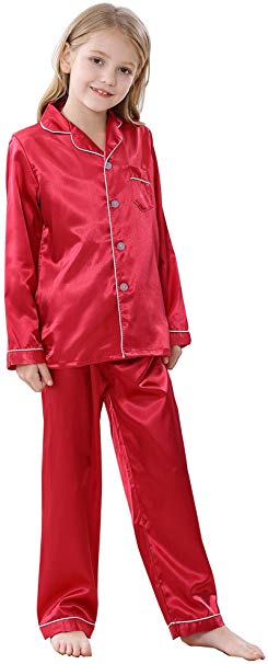 JOYTTON Kids Satin Pajamas Set PJS Long Sleeve Button-Down Sleepwear Loungewear