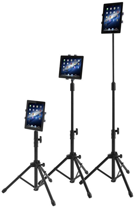 Raking Floor Stand Tablet Tripod Mount Holder with Tripod Base for 7-10 Inch iPad/iPad Mini/Samsung Galaxy Tab, Rotatable 360°, Height Adjustable with Telescoping Post, Portable with Carry Case, Black