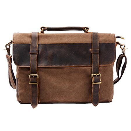 S-ZONE Vintage Canvas Leather Messenger traveling Briefcase Shoulder Laptop Bag (Coffee)