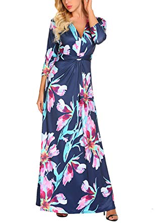 Qearal Womens Casual V Neck Floral Print 3/4 Sleeve Twist Knot Waist Long Maxi Party Dress