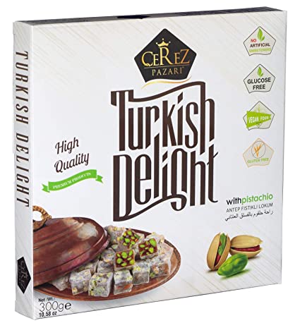 Cerez Pazari Turkish Delight Pistachio Candy Gourmet Premium Vegan Sweets Medium Gift Box 10.6oz | Luxury Traditional Soft Confectionery Lokum (Loukoumi) | Small Size Snacks Apprx.35 Pcs