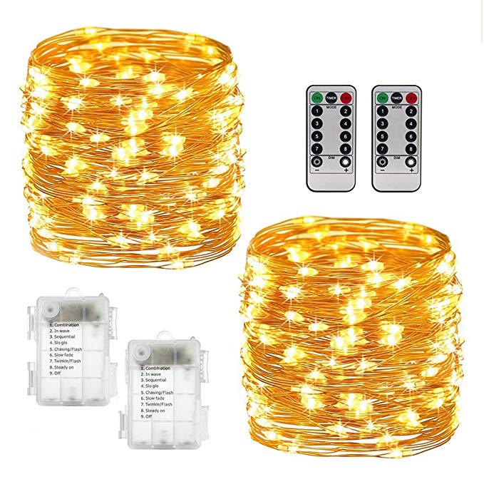 Xubox String Lights Set of 2, 8 Modes 50LED Fairy Lights Battery Operated 16.4FT Twinkle Firefly Lights with Remote Timer for Bedroom Patio Garden Party Wedding Christmas Indoor Outdoor Decor (Yellow)