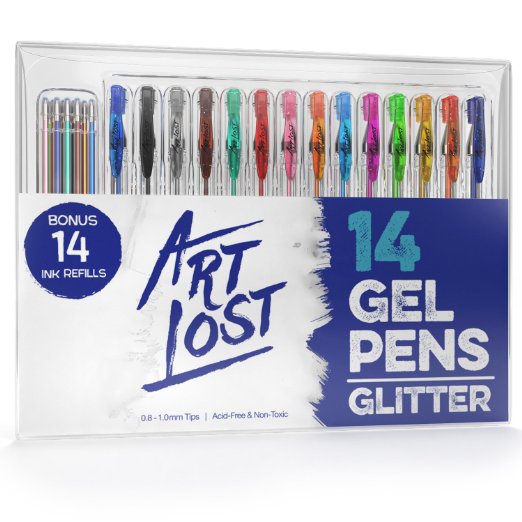 Glitter Gel Pens Set of 14 with 14 Ink Refills - Medium-Point (0.8 mm) - Assorted-Colors - Set of 24