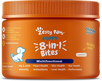 Zesty Paws Puppy 8-in-1 Multivitamin Soft Chews - Glucosamine & Chondroitin for Hip & Joint Health - Omega 3 Fish Oil for Skin - Gut, Immune, Heart, Kidney & Liver Support for Puppies - 90 Count