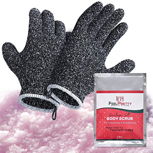 Exfoliating Gloves Set with Pink Himalayan Salt Body Scrub - 2 Prs Bamboo Charcoal Fiber Shower Gloves; 4.2oz Salt Scrub - Dead Skin Cell Remover - Stress Relief, Soft, Smooth, Glowing Skin