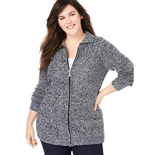 Woman Within Women's Plus Size Marled Zip-Front Cable Knit Cardigan