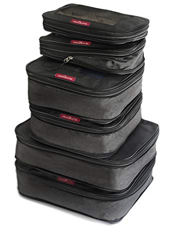 LeanTravel Compression Packing Cubes Luggage Organizers for Travel W/Double Zipper (6) Set - Color Black