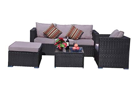 YAKOE Rattan 5-Seater Garden Furniture Sofa Table Chairs Set with Fitting Furniture Cover - Black Weave