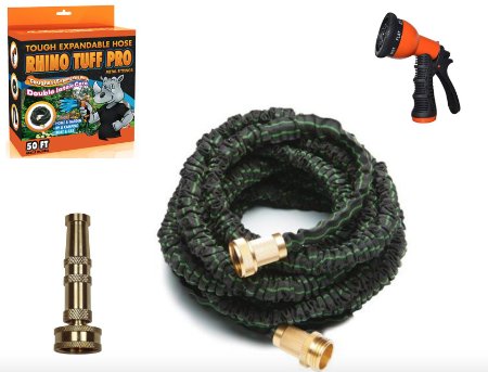 Expandable Hose 50 Foot Rhino Tuff Pro With Brass Fittings and Brass Nozzle Combo Double Strength