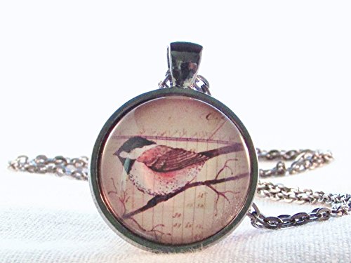 Bird Necklace Round Glass Pendant Chickadee Woodland Bird Pendant